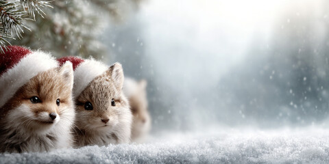 Fototapeta premium Christmas animals celebrating winter holidays, three cute friends, a hamster and two foxes, wearing red santa hats peeking over snowy ground with festive forest background and copy space