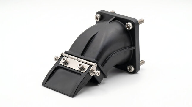 Angled studio photograph showcasing a molded black plastic drainage scupper funnel with a hinged flap valve for professional espresso machine wastewater management isolated against a white background.