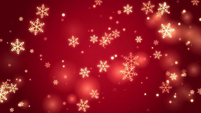Golden snowflakes descend against a vibrant red background throughout the sequence