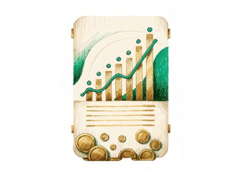 A rising revenue chart on paper with coins and ledger, financial forecasting