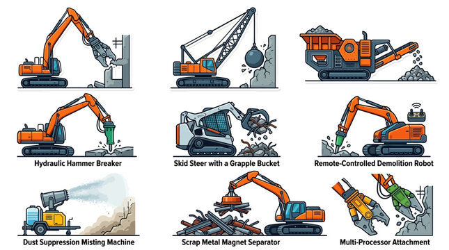 A collection of illustrated construction and demolition machinery, including cranes, skid steers, and excavators, is displayed on a clean white background.