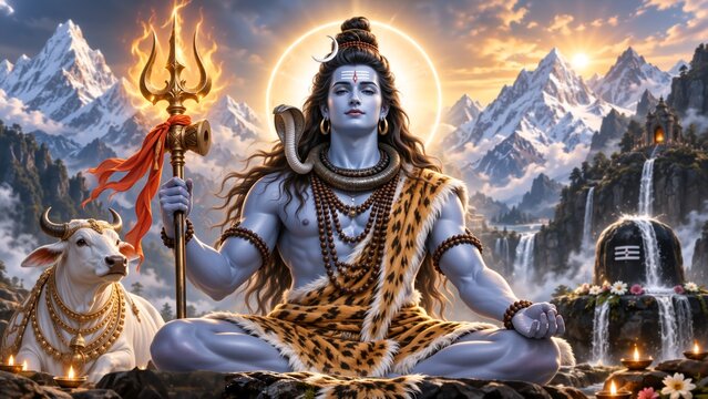 A blue-skinned Hindu deity sits in meditation beside a white bull, holding a flaming trident before snow-capped mountains, waterfalls, temple elements, and a sacred shrine at sunset. Lord Shiva