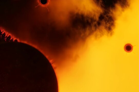 Celestial bodies in dynamic solar flares and coronal masses against a bright yellow backdrop