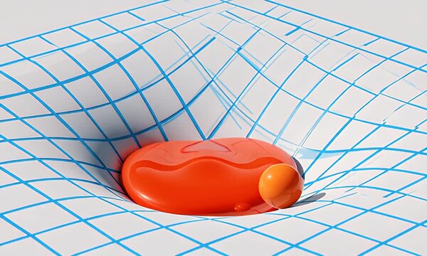 Two spheres cause a grid surface to curve and dimple