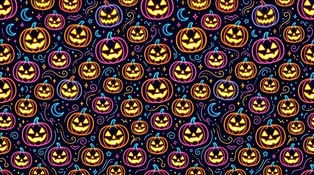 Neon jack o lanterns create a vibrant halloween pattern silhouette