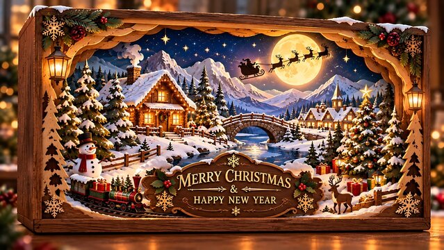 Decorative wooden Christmas shadowbox scene featuring snowy mountains, river, bridge, and decorated trees.