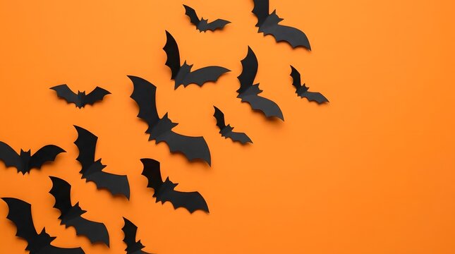 Black bat silhouettes arranged on a vibrant orange background silhouette