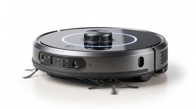 Modern smart robot vacuum cleaner isolated on white background, autonomous robotic sweeper device, black automatic floor cleaning appliance