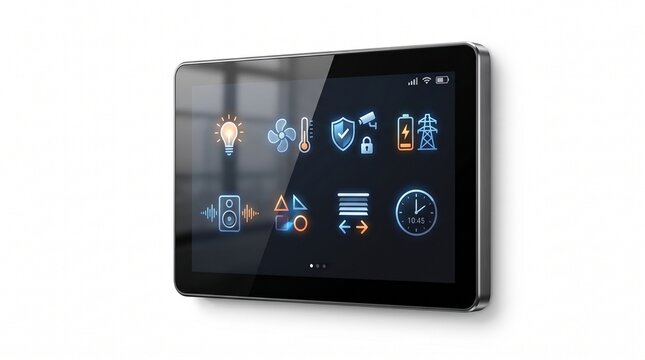 Smart home automation control panel, wall mounted touchscreen interface display, digital domotics tablet console for smart house management system