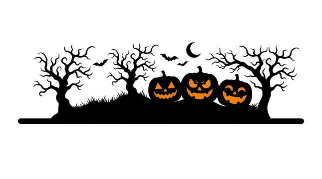 Halloween pumpkins with bare trees and crescent moon black silhouette