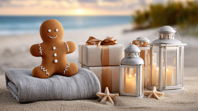 Gingerbread man celebrating tropical christmas on a sandy beach, surrounded by glowing lanterns and beautifully wrapped holiday presents for a warm festive vacation