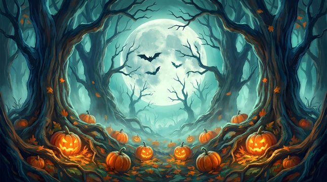 Halloween scene with jack o lanterns and trees in a dark forest silhouette