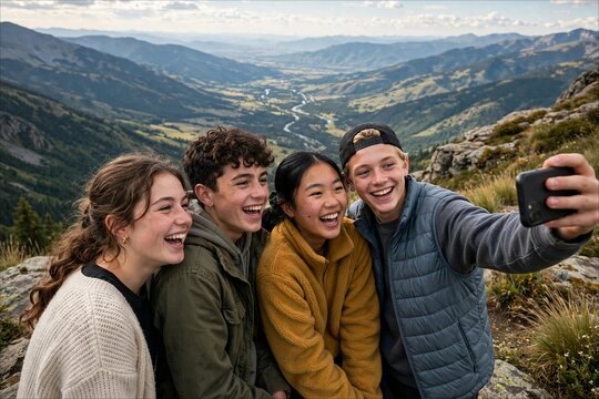 Teenagers taking selfies on scenic overlook