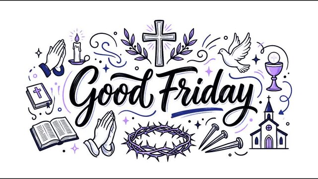 Good Friday Christian Holiday Doodle Vector Illustration: Hand-Drawn Religious Symbols, Holy Cross, Crown of Thorns, Praying Hands, Bible, and Church Elements
