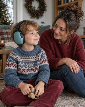 Boy wearing earmuffs beside mother at Christmas