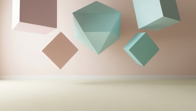 Abstract 3D Floating Geometric Cubes and Polyhedron Shapes in Pastel Pink, Mint, and Dusty Rose Tones for Minimalist Product Showcase Studio Stage   