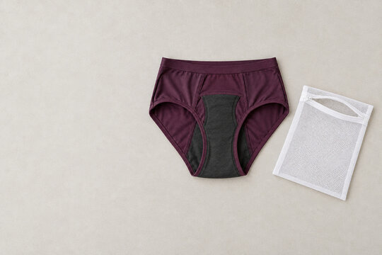 Reusable period underwear with absorbent gusset and mesh laundry bag