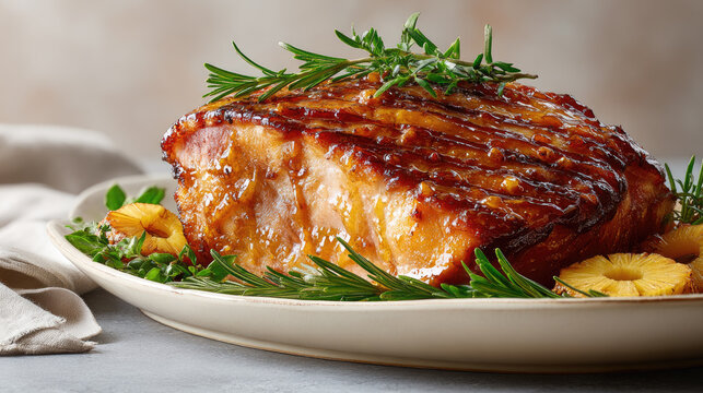 Glazed ham presenting a festive main course, beautifully scored and caramelized, served with sweet roasted pineapple rings and fresh rosemary sprigs, ready for holiday celebrations