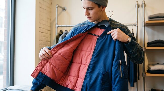 Young shopper examining bomber jacket lining, Streetwear boutique outerwear shopping, Colorful reversible style clothing, Medium shot retail lifestyle, Trendy urban fashion selection