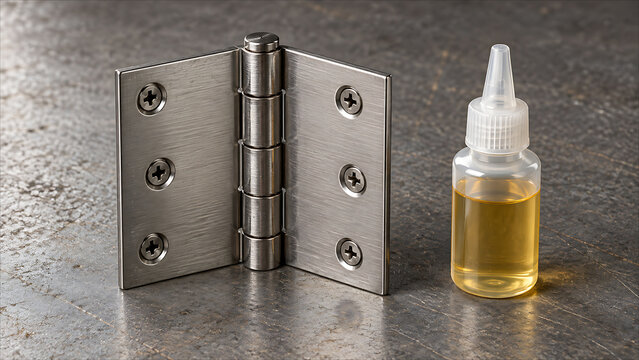 Metal door hinge beside a small bottle of lubricating oil
