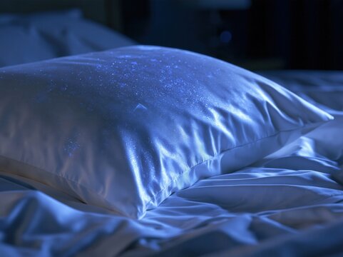 a seemingly clean white pillow and pillowcase under dramatic ultraviolet-inspired inspection lighting