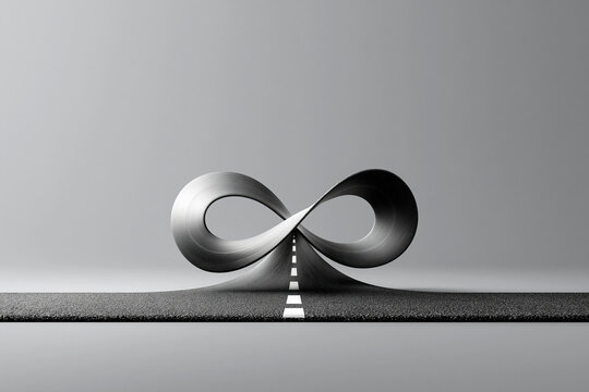  Abstract infinity symbol shaped like an asphalt road with a center line, concept of endless possibilities and long journey