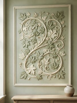 Ornate white carved floral wall plaque with swirling vine details on a muted green wall