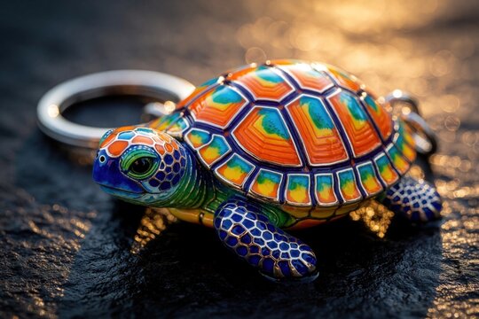 Colorful turtle shaped keychain rests on dark textured stone surface. Brightly painted reptile charm with rainbow shell colors, blue patterned skin. Small turtle accessory sits near metal ring for