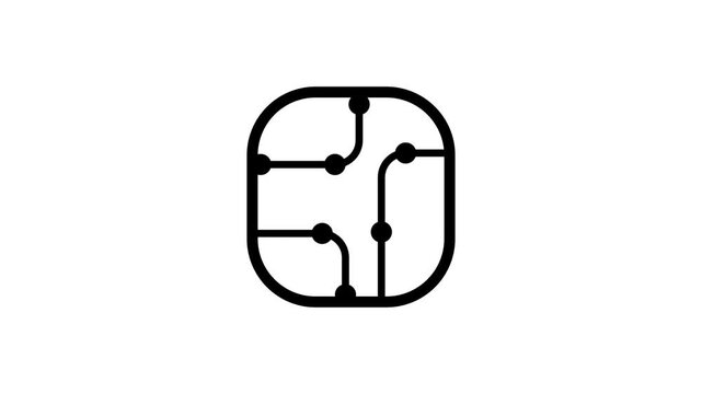 Black outline icon of a rounded square microchip with circuit traces and connection nodes representing computer processor technology and electronics