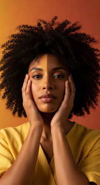 Close up of a woman's face with split lighting and textured curly hair, symbolizing duality and identity, perfect for concept art or profile image