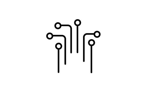Minimal line icon of electronic circuit traces ending in round nodes representing digital connections, microelectronics and modern technology concepts