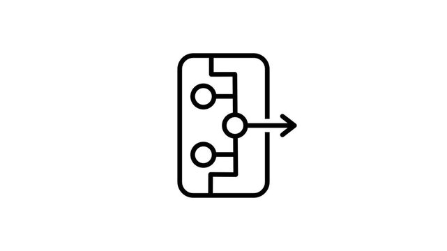 Outline icon of a rounded circuit module with connected nodes and an output arrow representing data flow, processing logic and workflow automation