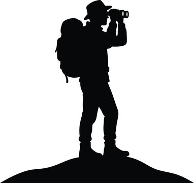 Hiker silhouette looking through binoculars vector graphic element