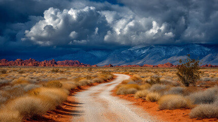 Naklejka premium Dirt road through arid desert landscape leading toward distant mountains under stormy sky