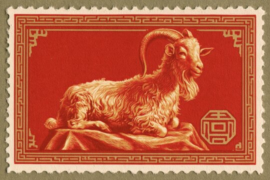 Vintage red and gold goat stamp with traditional Chinese border