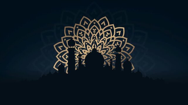 Three silhouettes of mosque buildings set against a dark background with decorative golden mandala patterns with islamic