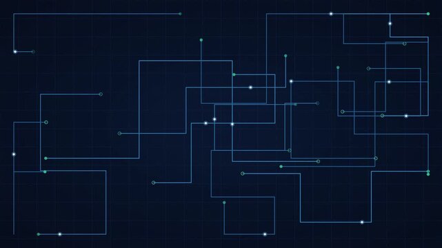 Glowing circuit traces lighting up in sequence across a dark blueprint grid