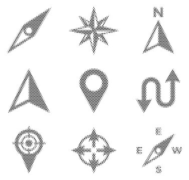 Compass arrow icon set halftone dots navigation needle cardinal direction rose orientation gps orienteering exploration map pointer waypoint symbol glyph vector collection pack