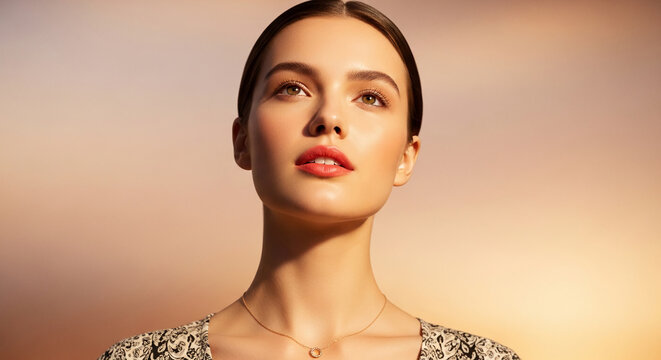 Portrait of a young woman with luminous skin and coral lips, looking upwards, symbolizing beauty, aspiration, and delicate elegance
