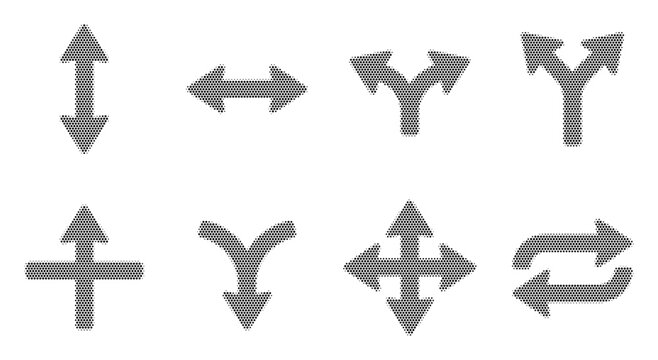 Double arrow icon set halftone dots bidirectional pointer two way swap exchange transfer opposing reverse horizontal vertical sync switch symbol glyph vector collection pack
