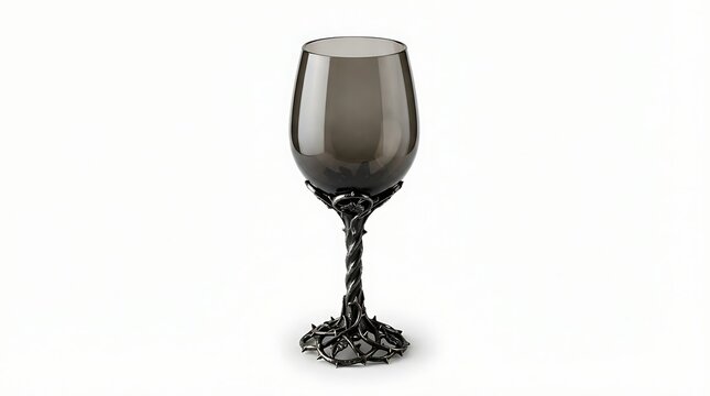 Elegant wine glass with dark smoky bowl and thorny silver stem isolated on white background