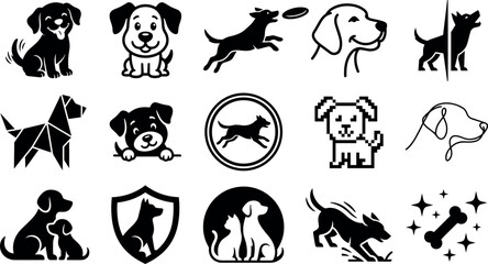 Obraz premium Dog Icons Set with Various Poses, Breeds, and Symbols for Logo Design