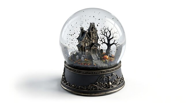 Halloween snow globe with a haunted house, dead tree, and pumpkin isolated on white background