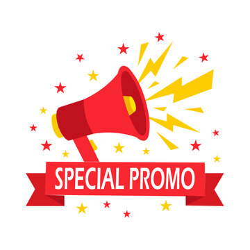 Red Megaphone Special Promo Vector Banner with Ribbon and Lightning Stars. Resizable and editable, EPS 10.