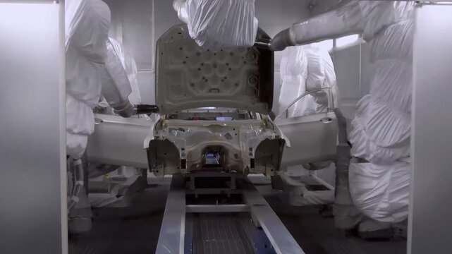 Robotic spray arms painting sedan body shell inside industrial paint booth under diffuse overhead lighting, front-facing low-angle view showing open doors and raised hood during automated coating.