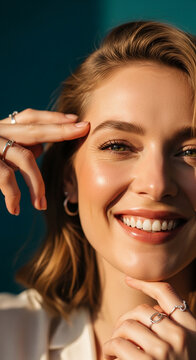 Close-up of a smiling woman's face, highlighting her radiant skin and expressive eyes, symbolizing beauty, confidence, and joy.