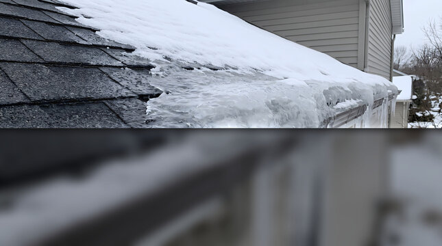 Ice dams forming on a residential roof edge during a cold winter