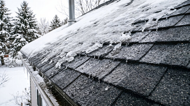 Melting snow on residential architectural shingles roof in winter