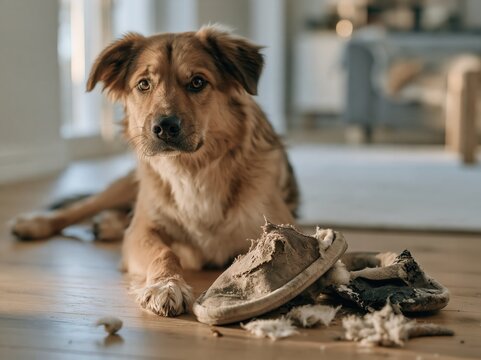 medium size dog sitting on the floor with a pair of badly chewed house slippers