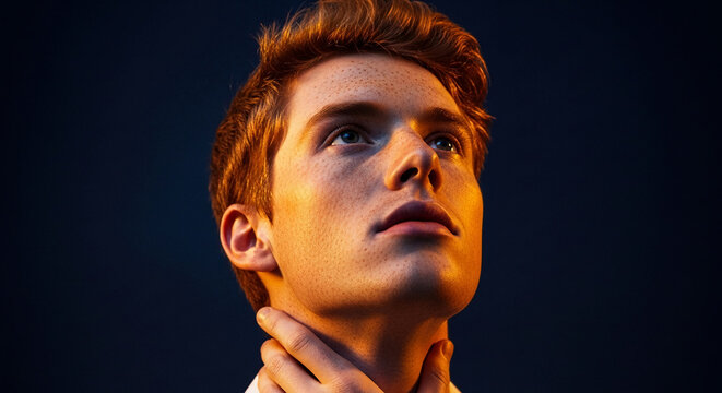 Close-up portrait of a young man with ginger hair and freckles, bathed in warm light, symbolizing contemplation or self-reflection, against a dark background.